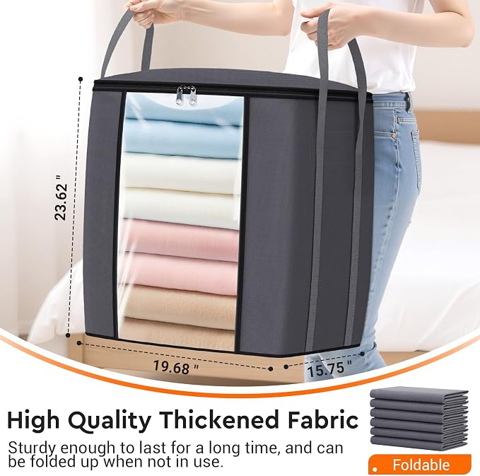 TasticTotes 120L Extra Large Clothes Storage Bags, Foldable Blanket Storage and Organization, Thick Fabric Containers with Reinforced Handles & Zippers for Clothing, Comforters, Bedding, Gray, 1 Pack