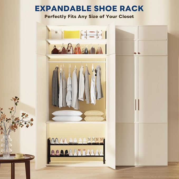 Mavivegue Expandable Shoe Rack, 2-Tier 19"-43.3" Adjustable Shoe Rack for Closet,Hall Entryway,Front Door,Garage, Sturdy Steel Space-Saving Rack, Black