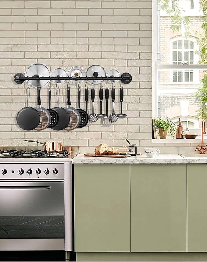 Industrial Pipe Pot Pan Rack 21" (2 Pack), Wall mount Pot hangers Pan Hanging Rail Lid Hanger for kitchen with 10 S Hooks