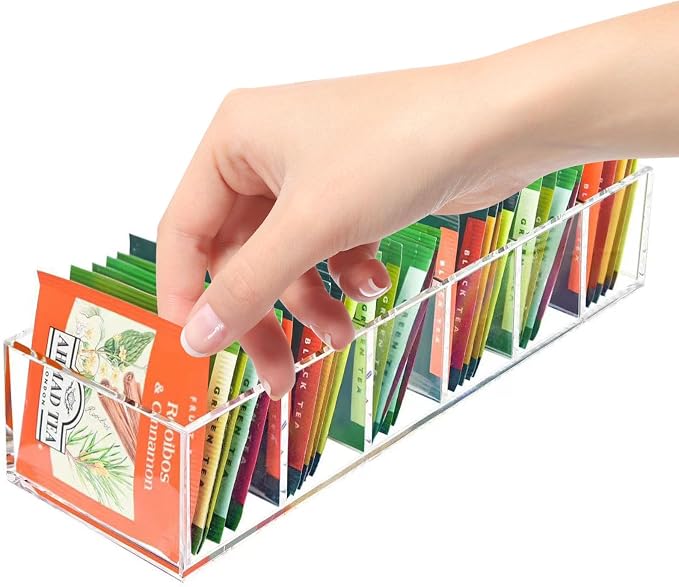 Tea Bag Organizer, Clear Tea Bag Holder with 6 Slot, Tea Packet Storage for Countertop, Drawer, Kitchen, Pantry, Cabinet