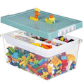 Plastic Storage Bins with Lids - 1 Set Stackable Arts Crafts Organizer Box with Removable Divided Tray &Compatible Building Baseplate,Toy Chest Containers for Bricks -Green(14.37"x9.64"x6.69")