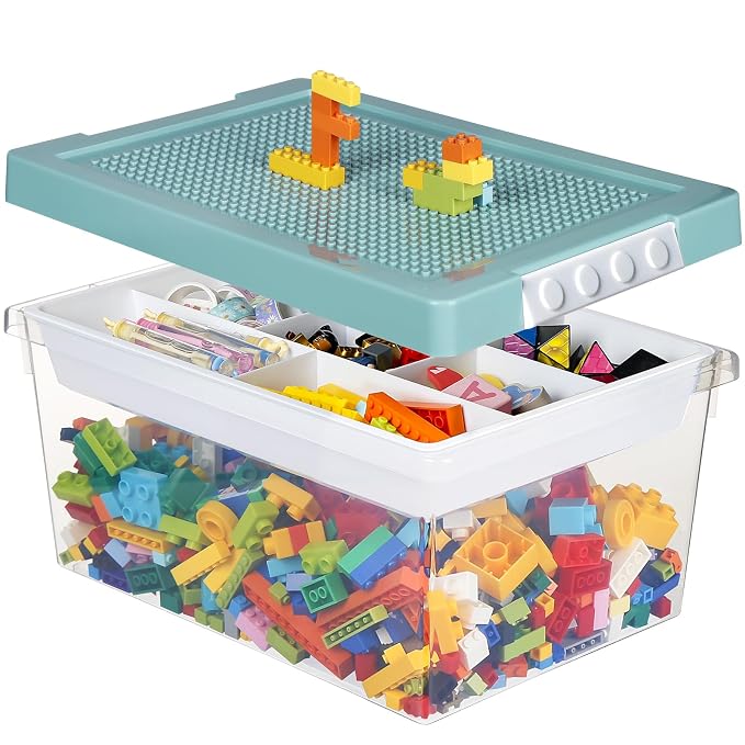Plastic Storage Bins with Lids - 1 Set Stackable Arts Crafts Organizer Box with Removable Divided Tray &Compatible Building Baseplate,Toy Chest Containers for Bricks -Green(14.37"x9.64"x6.69")