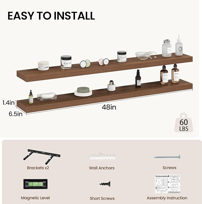 Vivelove 48 Inch Floating Shelves Wall Mounted for Display, 6.5 Deep Duty Shelves with Invisible Brackets for Living Room,Bedroom,Kitchen, Bathroom Storage & Decor,48" Wx6.5 Dx1.4 H - Walnut