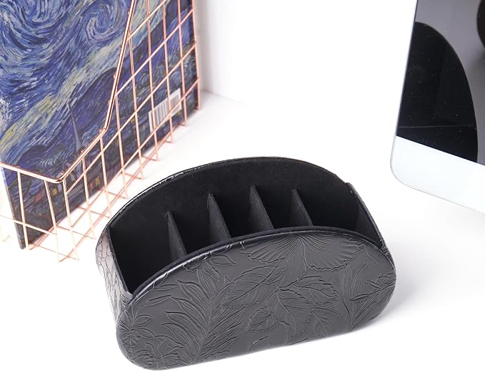 Remote Control Holder, PU Leather Remote Caddy Desktop Organizer with 5 Spacious Compartments for TV Remotes/Media Controllers/Office Supplies (1-Carved Black