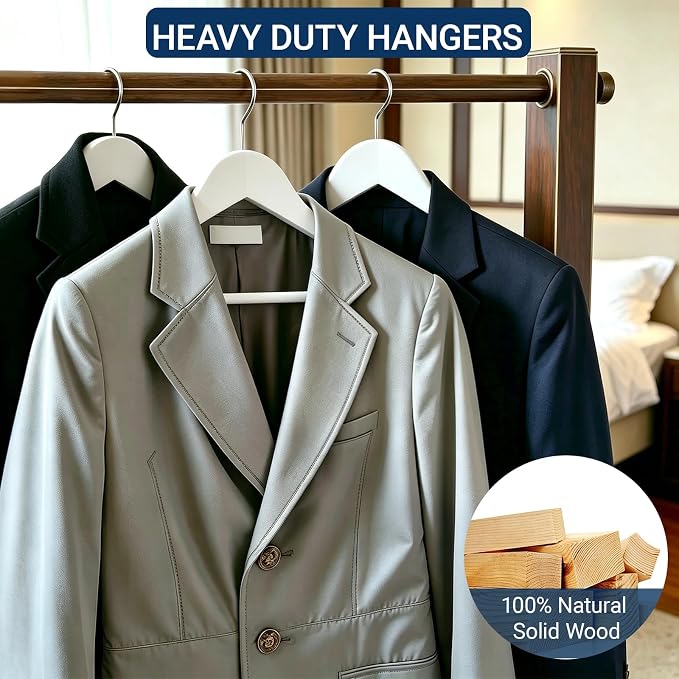 Amber Home 30 Pack White Wooden Coat Hangers, White Wood Suit Hangers with Non-Slip Pant Bar, Clothes Hangers for Closet Organization, Shirts, Jackets, Dresses, and Pants (White, 30)
