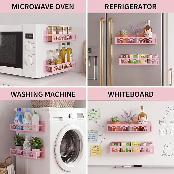 Beeveer 2 Pack Classic Bow Magnetic Spice Rack for Refrigerator Metal Magnet Basket Shelf for Fridge Seasoning Storage Organizers Home Decor Kitchen Accessories (Pink)
