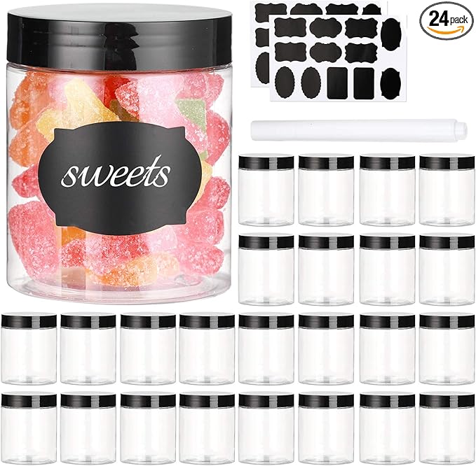 Dabacc 8 OZ Plastic Jars with Lids, 24 Pack Clear Plastic Slime Containers for Kitchen and Household Food Storage of Dry Goods, Creams and More, BPA Free