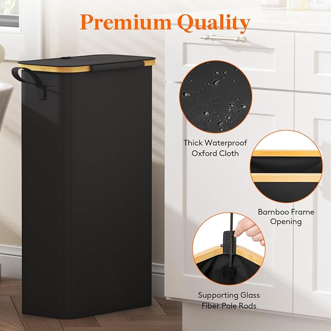 Lifewit 65L Slim Laundry Hamper with Lid, Narrow Laundry Basket with Removable Bag & Bamboo Handles, Fodable Thin Dirty Clothes Hamper for Laundry Collapsible Bin for Bathroom Bedroom Dorm, Black