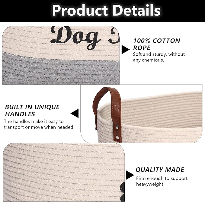 Geyecete X-Large Cotton Rope Dog Basket with Leather handle Blanket Storage Basket Decorative Clothes Hamper Basket | Extra Large Baskets for Blankets or Laundry-Beige/Gray
