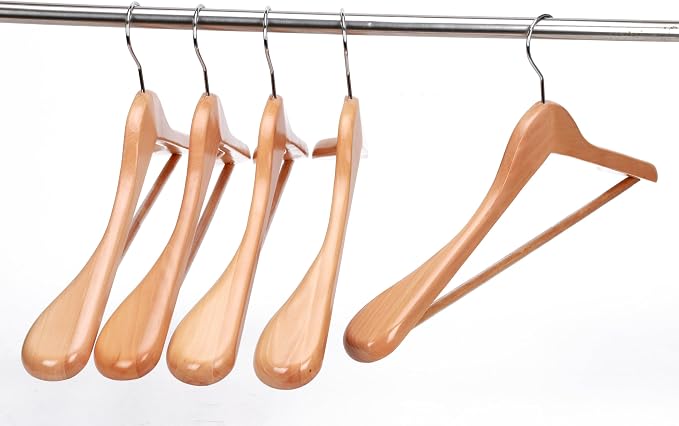JS HANGER Wooden Suit Hangers - 6 Pack - Wood Coat Hangers,Jacket Outerwear Shirt Hangers,Glossy Finish with Extra-Wide Shoulder, 360 Degree Swivel Hooks & Anti-Slip Bar, Natural