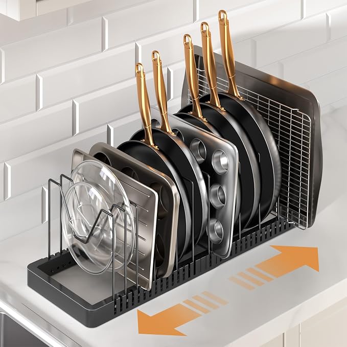 PanPanPal Pots and Pans Organizer under Cabinet, Expandable Pot Lid Organizer Holder with 12 Adjustable Compartment, Pan Organizers inside Cabinet for Lids, Bakeware, Kitchen Storage Pot Rack, Black