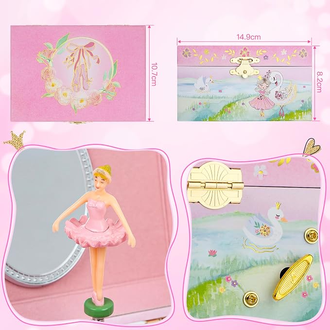 Kids Musical Jewelry Box for Girls- Glitter Storage Box and Jewelry Set- Ballet Birthday Gifts for Little Girls, Ballerina Theme - Swan Lake Tune Pink， 6 x 4.7 x 3.5 in - Ages 3-10