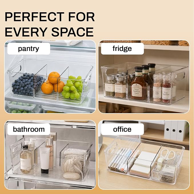 Mpotmiy 4 Pack Clear Pantry Organizers and Storage Bins with Divider, Transparent Plastic Basket, Refrigerator and Fridge Bins