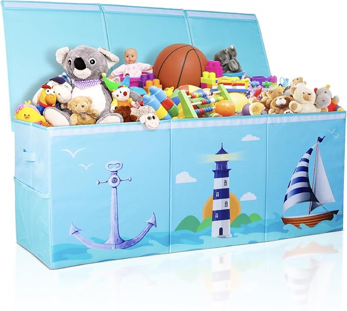 Extra Large Collapsible Sturdy Toy Storage Organizer with Lids, Ocean Theme Toy Box for Boys & Girls, 40"x16"x16", Modern, Blue