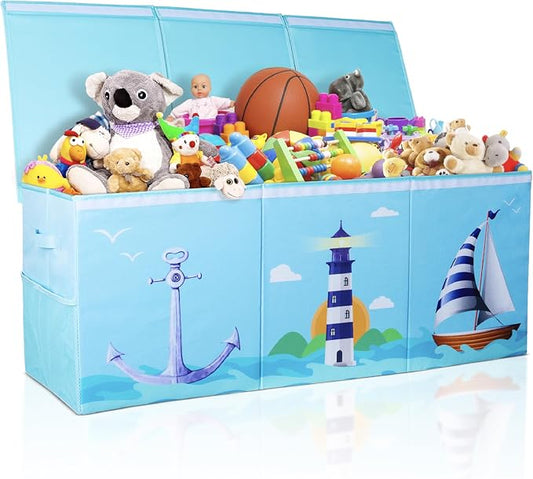 Extra Large Collapsible Sturdy Toy Storage Organizer with Lids, Ocean Theme Toy Box for Boys & Girls, 40"x16"x16", Modern, Blue