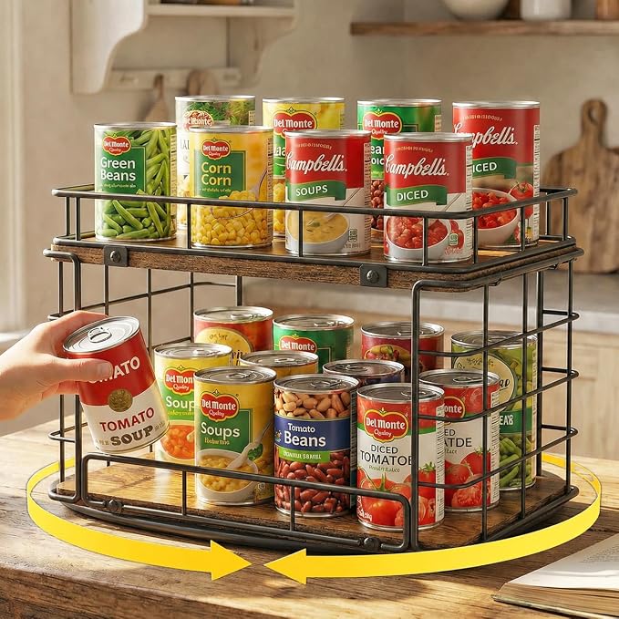 360° Rotating Can Rack Organizer for Pantry, 2-Tier Lazy Susan Can Organizer Holds Up to 26 Soda Cans, Metal Wire & Wood Shelf with Turntable Storage for Kitchen Cabinet, Pantry & Countertop