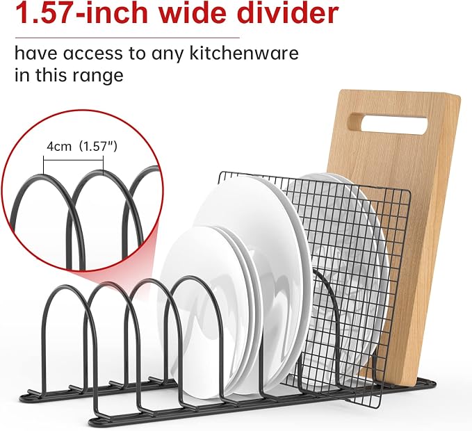 JAQ Pan Organizer Rack for Cabinet, Pot Lid Holder & Baking Sheet Organizer, Plate and Cutting Board Rack for Kitchen Countertop or Cabinet (2 Pack, Black)