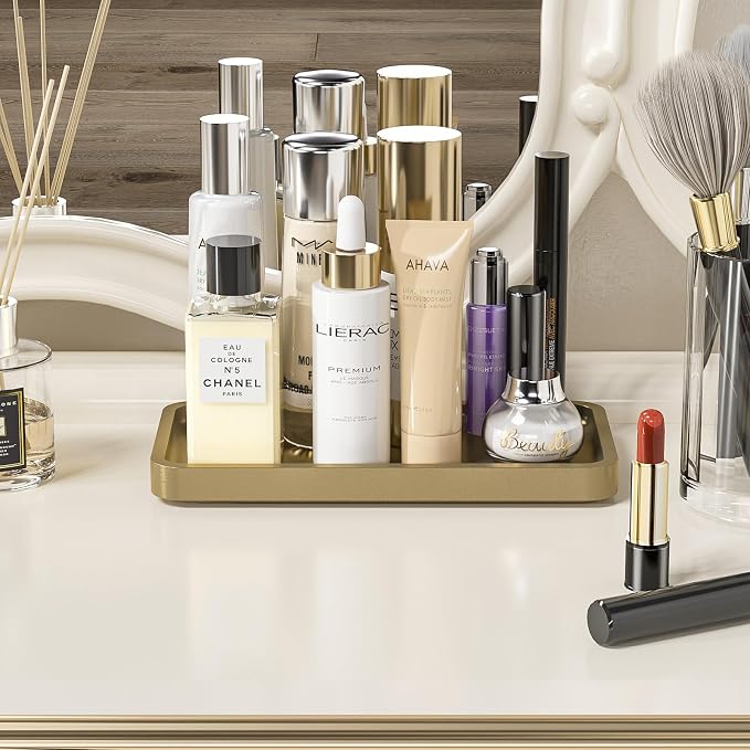 Weenson Gold Bathroom Vanity Tray for Countertop Makeup Perfume Jewelry Decor Candle Keys, Bamboo Kitchen Tray for Soap Dispenser Spice, Small Toilet Tray Nightstand 7.9" L x 4" W x 0.79" H