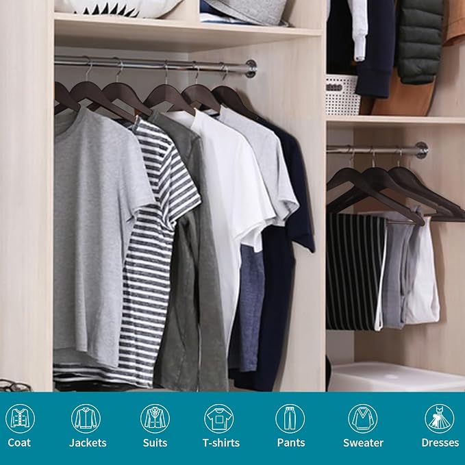 ABHENG 30 Pack Wooden Coat Hangers, 360° Swivel Hook, Suit Hangers with Anti-Slip Notches, for Jackets, Shirts, Dress, Dark Walnut, UAWY0530H