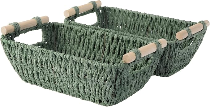 StorageWorks Round Paper Rope Woven Basket with Wooden Handles for Gifts, Small Woven Baskets for Shelf, Sage Green, 2-Pack