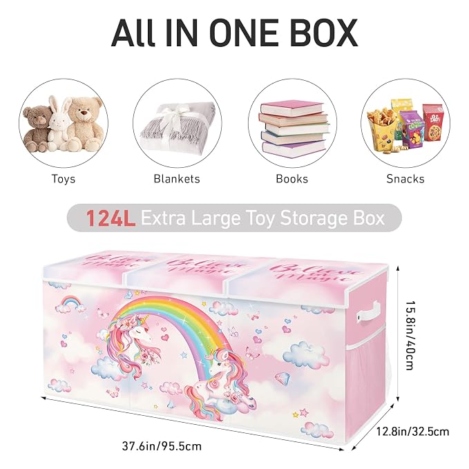 Extra Large Collapsible Toy Box with Lids, Sturdy Storage Organizer for Kids, 38"x16"x13" Toy Chest for Playroom, Nursery, Bedroom, Living Room (Unicorn and Rainbow)