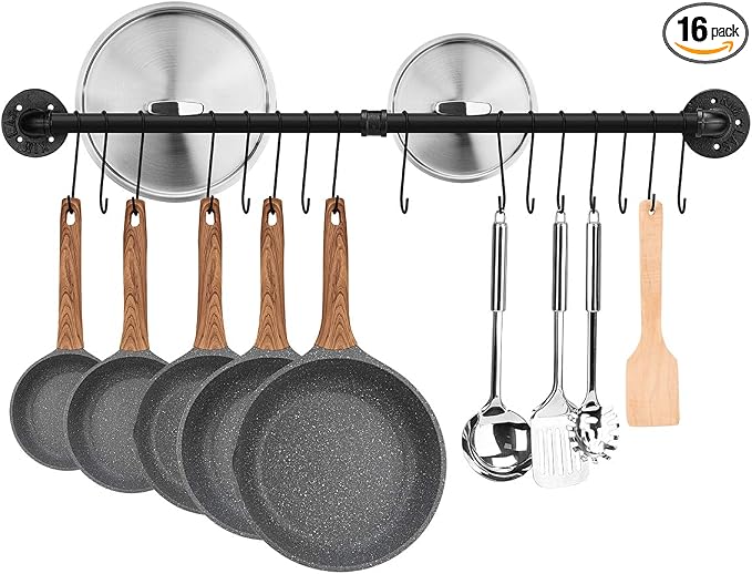 Toplife 39.4 inch Pot Rack, Kitchen Wall Mounted Detachable Pan Lid Utensils Organizer Hanging Rail with 16 Hooks, Black