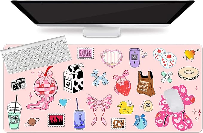 L-SPOUTTO Cute Desk Mat for Keyboard and Mouse,Girly XXL Large Mouse Pad | Non-Slip Keyboard Pad Waterproof Desktop Mat for Laptop Computer Work Game Home Office-Cartoon Pink