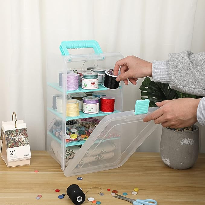 BTSKY Clear Plastic Dividing Storage Box with 4 Deep Compartments Adjustable Storage Bin with Lid Portable Craft Storage Container Multipurpose Sewing Box Art Supply Organizer, 13.9x7.9x6.2 Inches