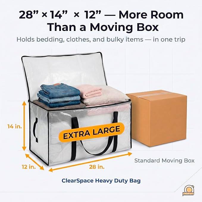 ClearSpace Heavy Duty Moving Bags or Storage Bags – Clear Storage Bins with Lids, Large Moving Boxes with Backpack Straps & Zippers – Packing Bags & Moving Supplies for College Dorm- 8 Pack
