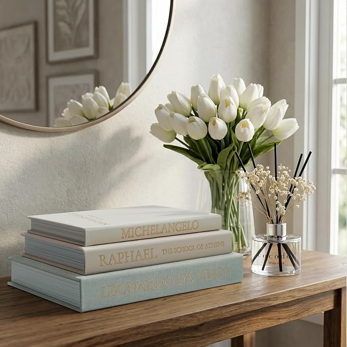 Linen Faux Book Box Set of 3, Decorative Books for Shelves, Fake Books for Decoration with Secret Compartment, Modern Aesthetic Table Decor, Linen Covered Hollow Book Box (Greyish-Beige-White)