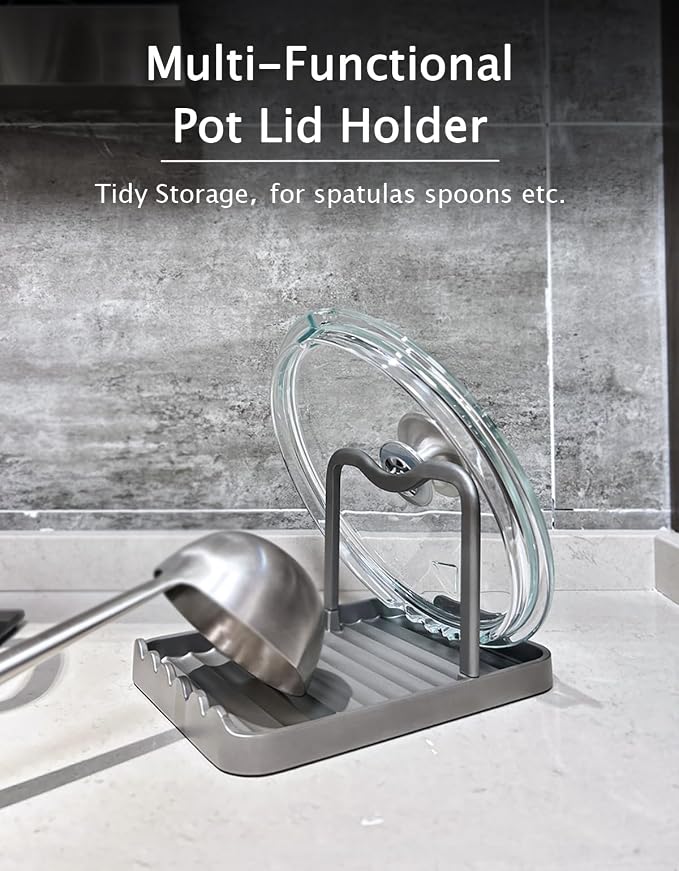 Anti-Rust Metal Spoon Rest with Lid Holder, Heat-Resistant Pot Lid Rest, Multifunctional Spatula Holder While Cooking for Stovetop and Kitchen Counter – Grey