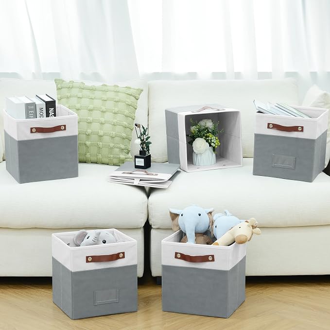 FinishingBo 6-Pack Storage Cubes with Handles & Label Holders Basket, Closet Cube Home Organizer Bins(White/Dark Grey, 10.5*10.5*11 inch)