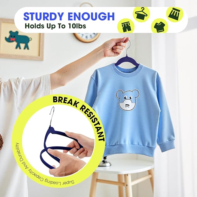 Kids Hangers 50 Pack,14 Inch Kids Velvet Hangers Slim & Space-Saving,Baby Clothes Hangers with 360 Swivel Hook,Heavy Duty Hanger for Infant & Childrens Coats, Pants,and Dress (Dark Blue)