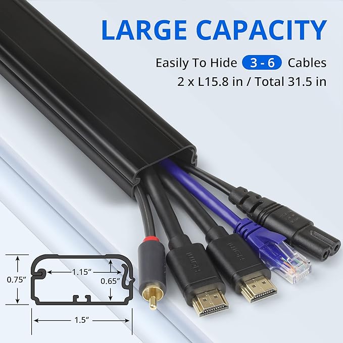 ZhiYo TV Cord Cover for Wall, 32 inch Cable Concealer, Cord Hider for Wall Mounted TV, Paintable Wire Cover to Hide Wires, Black Cable Raceway Kit, 2X L15.8in W1.5in H0.75in