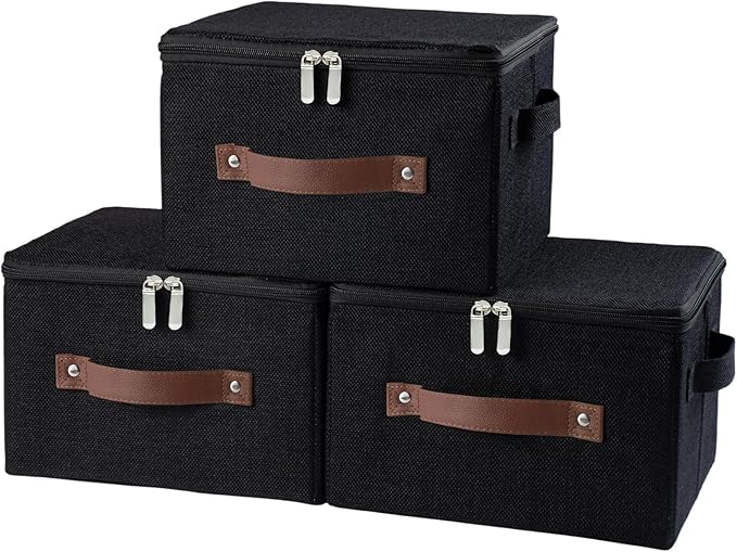 3 Pack Storage Bins with Zipper Lid Fabric Lidded Storage Boxes Baskets Cubes Washable Collapsible PU Leather Handle Cotton Linen Fabric Shelf Closet Organizer Container(Black, Small Size)