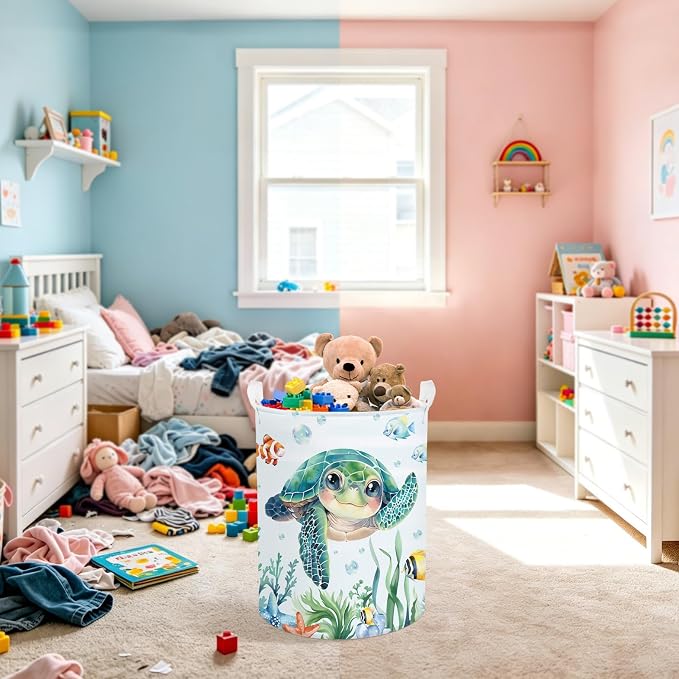 Clastyle Large Fish Sea Turtle Baby Basket Ocean Coral Seaweed Starfish Toy Book Shelf Basket Waterproof Pool Toy Beach Towel Storage Bin Collapsible Dirty Clothes Hamper, Blue, 36 * 45 cm