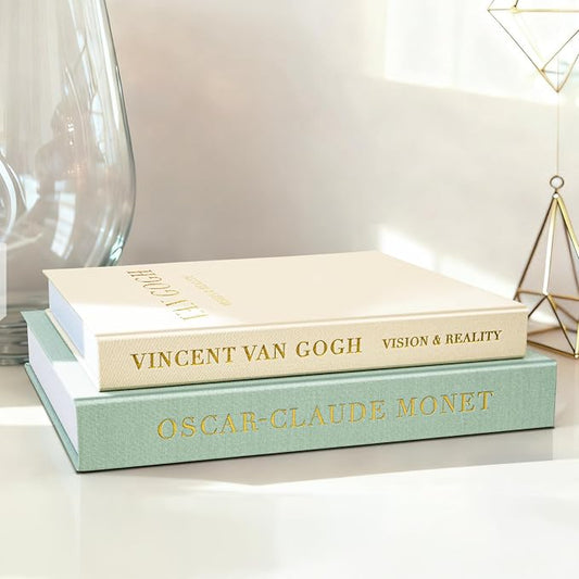 Decorative Books for Home Decor, Modern Fake Books Storage Boxes | Set of 2 Linen Coffee Table Books with Hidden Storage, Stackable Photo Keepsake Box for Living Room Bookshelf Decor, Sage