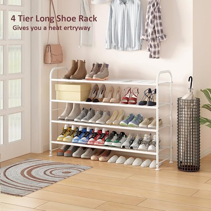 LINZINAR Shoe Rack Long 4 Tier Shoe Storage Organizer Metal Wide Shoe Shelf for Closet Entryway Bedroom 30 Paris Large Capacity, White