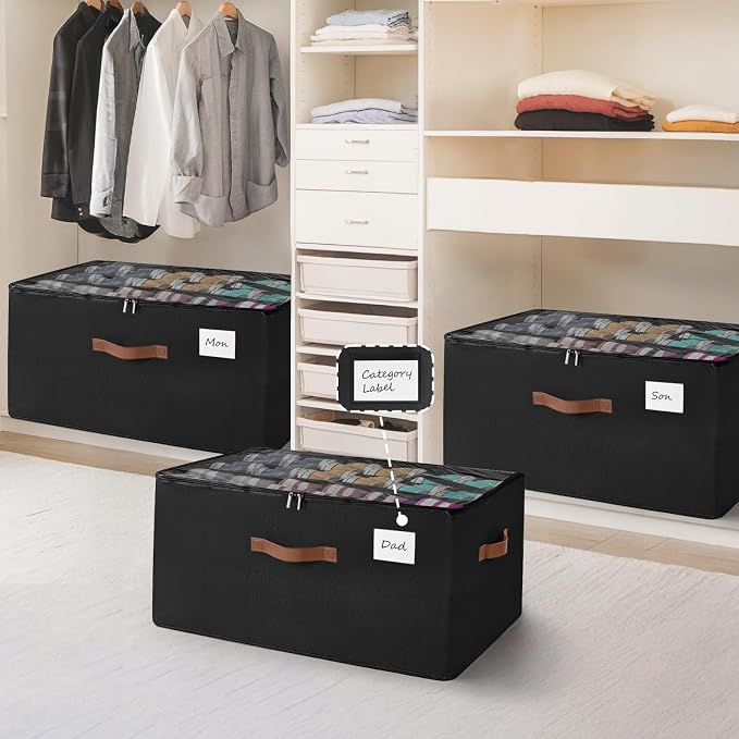 Shoe Organizer for Closet, Large Shoe Storage Box Container with Clear Cover,Foldable Shoe Storage Bins with Adjustable Divider,Space Saving Shoes Box with 4 Handles,Fits 12-24 Pairs (Black, large)