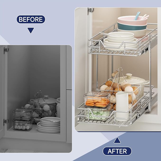 2-Tier Pull Out Cabinet Organizer, 10.5" W x 21.5" D, Heavy Duty Dual Slide Out Shelves for Narrow Base Cabinets, Chrome Wire Basket Drawer for Spices, Bottles & Snacks
