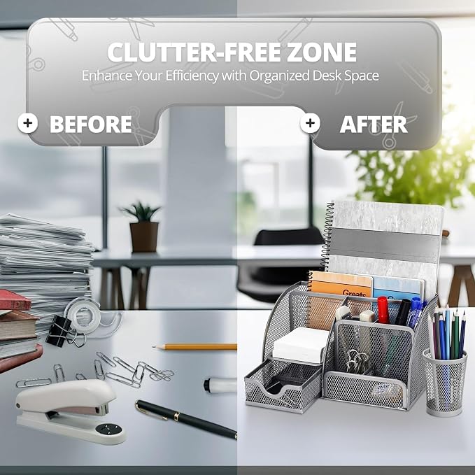 Flexzion Desk Caddy Organizer Set (Silver Gray) - Metal Mesh Desktop Caddy with Drawers, 6 Compartments, and Pencil Holder for Women & Men - Desktop Organizer and Storage for Work or Office Supplies | Compact desktop caddy with separate pen holder; 8.7...