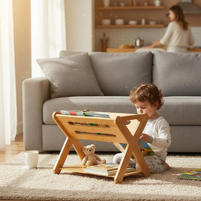 Okllen Kids' Book Caddy with Shelf, Bamboo Bookcase Book Storage Organizer, Book Rack Book Shelf Organizer for Bedroom, Playroom, Nursery, Sturdy, Including Installation Instruction