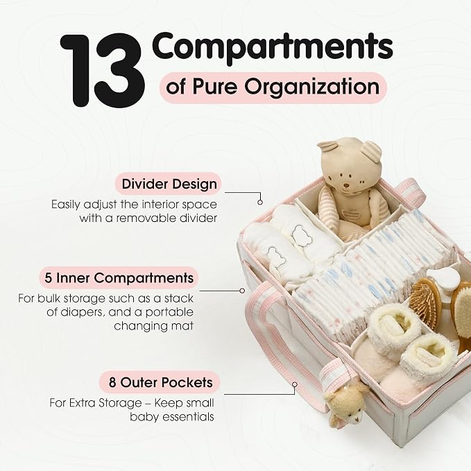 PeraBella Baby Diaper Caddy Organizer, XL Baby Basket Shower Gift Caddy, Portable Felt Changing Table Basket, Nursery Storage Bin, Newborn Boy and Girl Essentials for Registry, Car Diaper Organizer