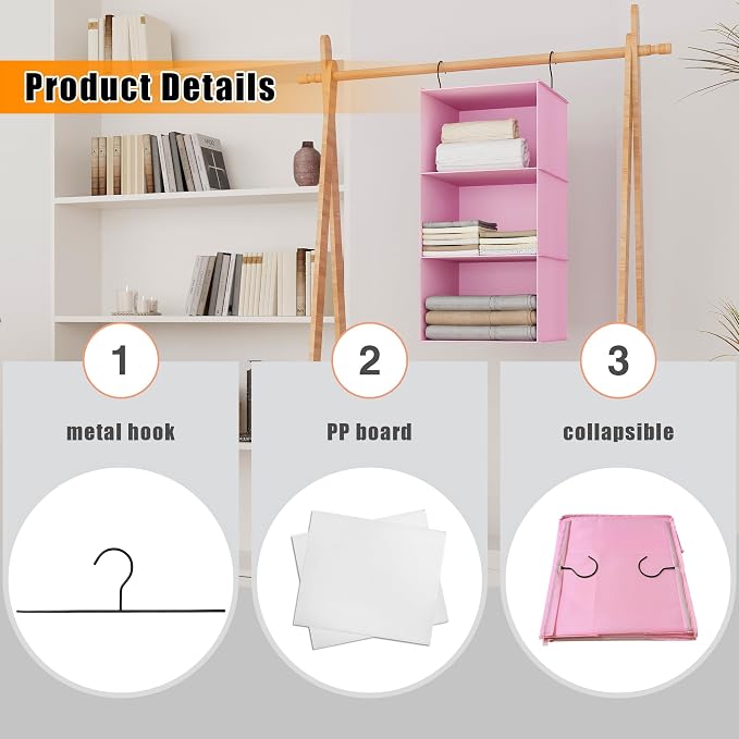 Hanging Closet Organizer 3-Shelf, Oxford Fabric Wardrobe Storage, Pink | Easy-mount foldable design holds clothes, handbags, shoes & accessories; washable Oxford fabric, sturdy and space-saving.