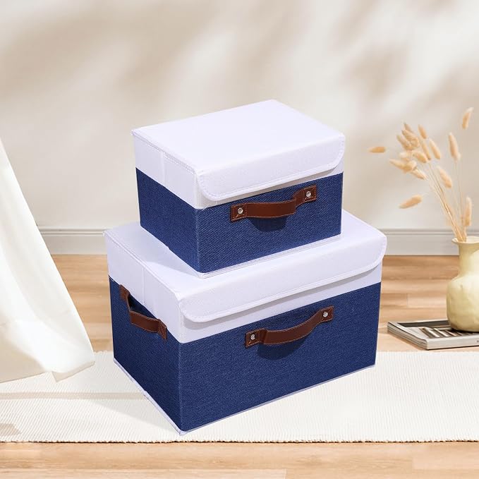 ANMINY 2PCS Storage Boxes with Lids Washable Decorative Storage Bins Basket with PU Leather Handle Foldable Linen Fabric Storage Cubes Containers for Home Closet Organizer - Deep Blue White, Medium