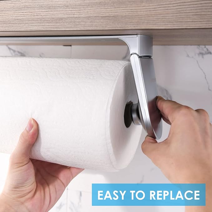 simpletome ONE Hand Paper Towel Holder Under Cabinet (Pearl Chrome Silver) | tension arms, tear one/more sheets at one time | aluminum alloy+abs | adhesive or drilling for wall/cabinet | for 28cm roll
