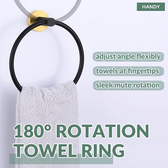 APLusee Black Gold Towel Ring for Bathroom Wall, Stainless Steel Hand Towel Holder, Wall Mounted