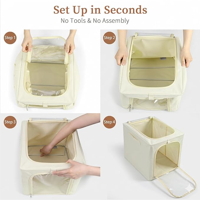 GoMaihe Clothes Storage Bins with Metal Frame, 40L Sweater Storage Boxes for Above Shelf Closet, 4 Pack Stackable Clothing Storage Organizer with Clear Window for Jeans Hoodies T-shirt – Beige