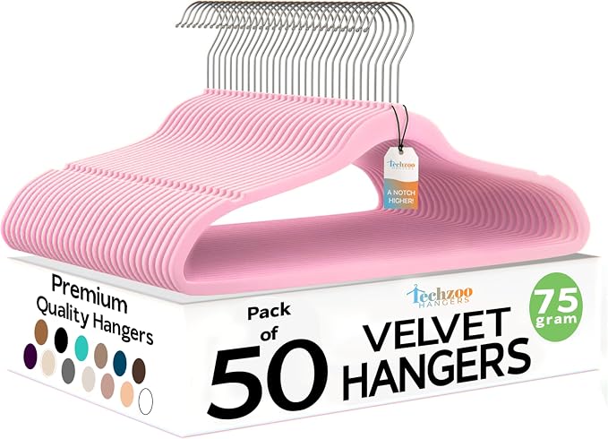 Techzoo Premium Velvet Hangers 50 Pack Ultra Thin Non Slip Adult Felt Space Saving Suit Hanger for Closet Heavy Duty Coat Pants Jackets Dress Hangers 360° Swivel Hook Hold Upto 10 lbs Pink