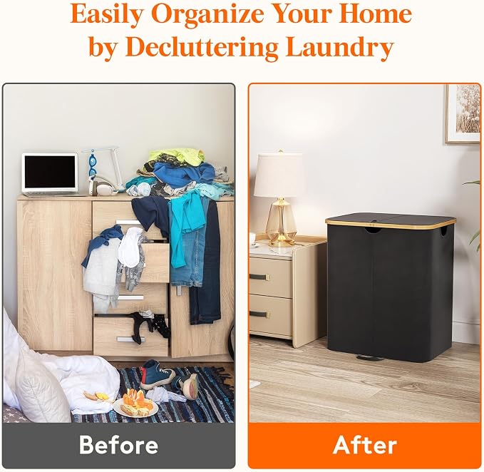 Lifewit 120L Double Laundry Hamper with Lid, Large Laundry Basket with Removable Bag & Bamboo Handles, Fodable Tall Dirty Clothes Hamper for Laundry Collapsible Bin for Bathroom Bedroom Dorm, Black